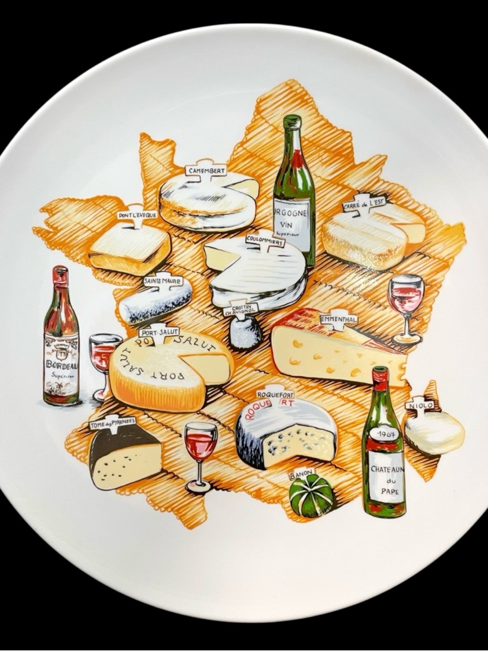 Vintage 1970s Revol French Ceramic Platter Map of France Local Cheeses and Wine
